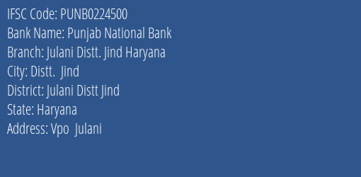 Punjab National Bank Julani Distt. Jind Haryana Branch Julani Distt Jind IFSC Code PUNB0224500