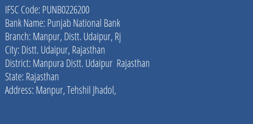 Punjab National Bank Manpur Distt. Udaipur Rj Branch Manpura Distt. Udaipur Rajasthan IFSC Code PUNB0226200