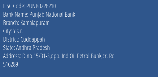 Punjab National Bank Kamalapuram Branch Cuddappah IFSC Code PUNB0226210