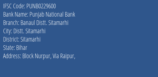 Punjab National Bank Banaul Distt. Sitamarhi Branch Sitamarhi IFSC Code PUNB0229600