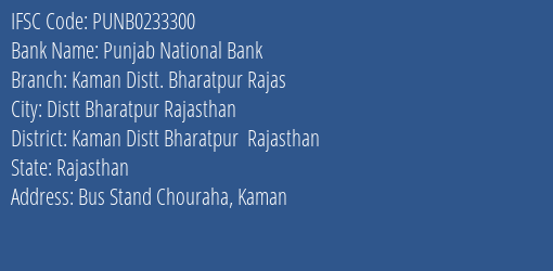 Punjab National Bank Kaman Distt. Bharatpur Rajas Branch Kaman Distt Bharatpur Rajasthan IFSC Code PUNB0233300