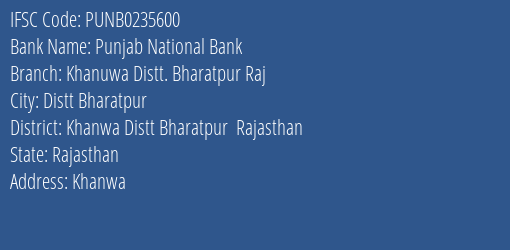 Punjab National Bank Khanuwa Distt. Bharatpur Raj Branch Khanwa Distt Bharatpur Rajasthan IFSC Code PUNB0235600