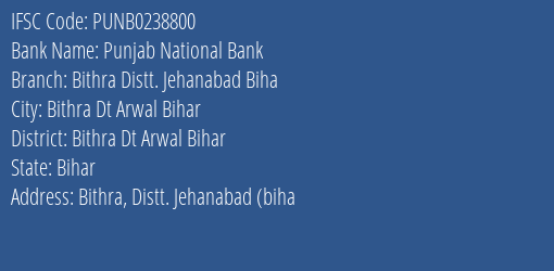 Punjab National Bank Bithra Distt. Jehanabad Biha Branch Bithra Dt Arwal Bihar IFSC Code PUNB0238800