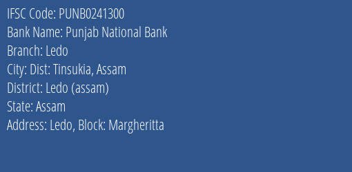 Punjab National Bank Ledo Branch Ledo Assam IFSC Code PUNB0241300