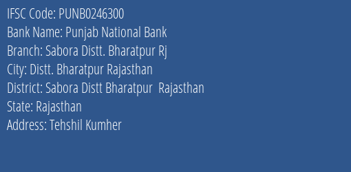 Punjab National Bank Sabora Distt. Bharatpur Rj Branch Sabora Distt Bharatpur Rajasthan IFSC Code PUNB0246300