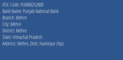 Punjab National Bank Mehre Branch Mehre IFSC Code PUNB0252800