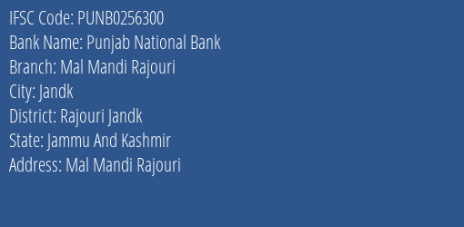 Punjab National Bank Mal Mandi Rajouri Branch Rajouri Jandk IFSC Code PUNB0256300