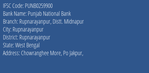 Punjab National Bank Rupnarayanpur Distt. Midnapur Branch Rupnarayanpur IFSC Code PUNB0259900