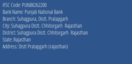 Punjab National Bank Suhagpura Distt. Pratapgarh Branch Suhagpura Distt. Chhitorgarh Rajasthan IFSC Code PUNB0262200