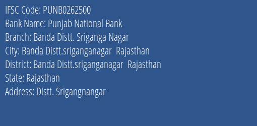 Punjab National Bank Banda Distt. Sriganga Nagar Branch Banda Distt.sriganganagar Rajasthan IFSC Code PUNB0262500