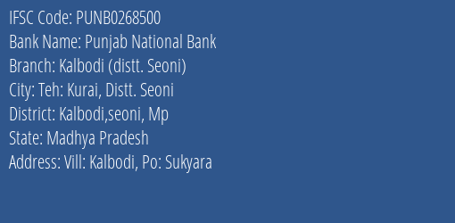 Punjab National Bank Kalbodi Distt. Seoni Branch Kalbodi Seoni Mp IFSC Code PUNB0268500