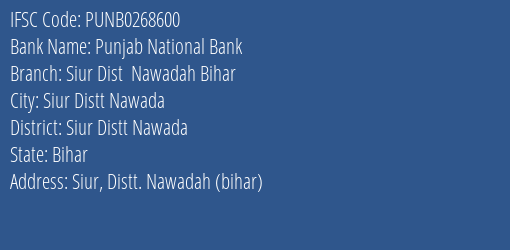 Punjab National Bank Siur Dist Nawadah Bihar Branch Siur Distt Nawada IFSC Code PUNB0268600