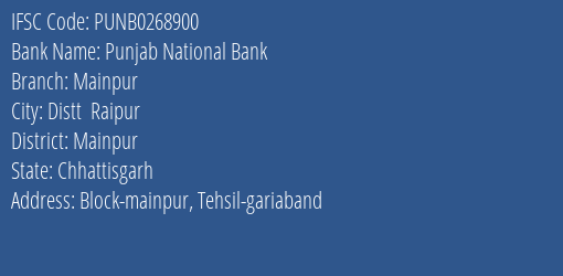 Punjab National Bank Mainpur Branch Mainpur IFSC Code PUNB0268900