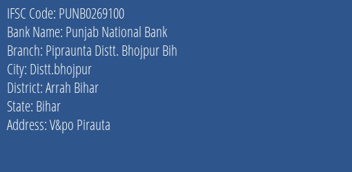 Punjab National Bank Pipraunta Distt. Bhojpur Bih Branch Arrah Bihar IFSC Code PUNB0269100