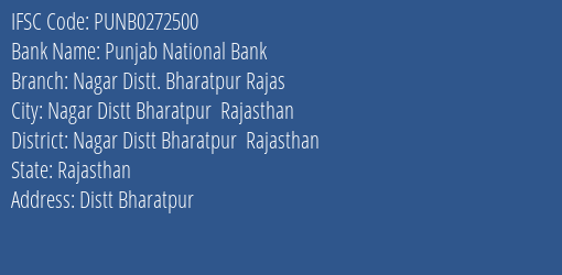 Punjab National Bank Nagar Distt. Bharatpur Rajas Branch Nagar Distt Bharatpur Rajasthan IFSC Code PUNB0272500