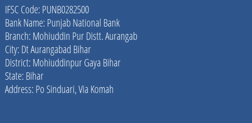Punjab National Bank Mohiuddin Pur Distt. Aurangab Branch Mohiuddinpur Gaya Bihar IFSC Code PUNB0282500