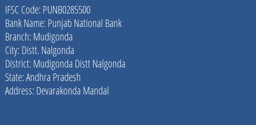Punjab National Bank Mudigonda Branch Mudigonda Distt Nalgonda IFSC Code PUNB0285500