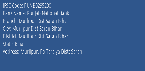 Punjab National Bank Murlipur Dist Saran Bihar Branch Murlipur Dist Saran Bihar IFSC Code PUNB0295200