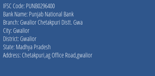 Punjab National Bank Gwalior Chetakpuri Distt. Gwa Branch Gwalior IFSC Code PUNB0296400