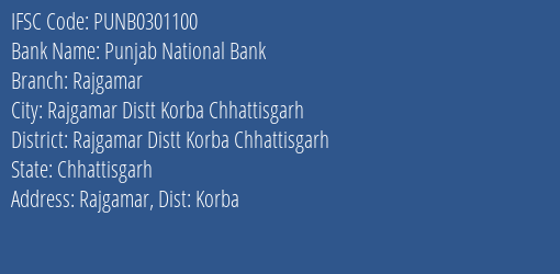 Punjab National Bank Rajgamar Branch Rajgamar Distt Korba Chhattisgarh IFSC Code PUNB0301100