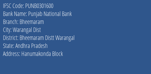 Punjab National Bank Bheemaram Branch Bheemaram Distt Warangal IFSC Code PUNB0301600
