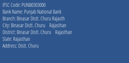 Punjab National Bank Binasar Distt. Churu Rajasth Branch Binasar Distt. Churu Rajasthan IFSC Code PUNB0303000
