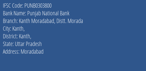 Punjab National Bank Kanth Moradabad Distt. Morada Branch, Branch Code 303800 & IFSC Code Punb0303800