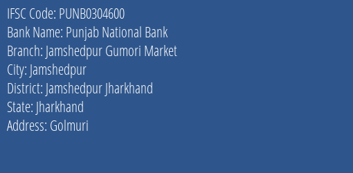 Punjab National Bank Jamshedpur Gumori Market Branch Jamshedpur Jharkhand IFSC Code PUNB0304600