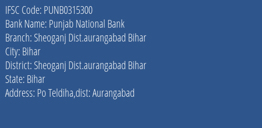 Punjab National Bank Sheoganj Dist.aurangabad Bihar Branch Sheoganj Dist.aurangabad Bihar IFSC Code PUNB0315300