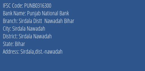 Punjab National Bank Sirdala Distt Nawadah Bihar Branch Sirdala Nawadah IFSC Code PUNB0316300