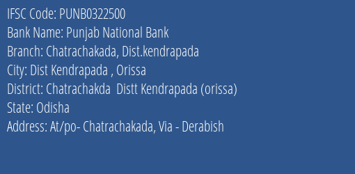 Punjab National Bank Chatrachakada Dist.kendrapada Branch Chatrachakda Distt Kendrapada Orissa IFSC Code PUNB0322500