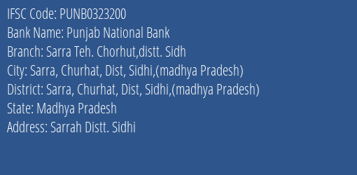 Punjab National Bank Sarra Teh. Chorhut Distt. Sidh Branch Sarra Churhat Dist Sidhi Madhya Pradesh IFSC Code PUNB0323200