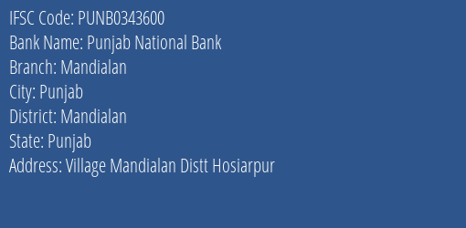 Punjab National Bank Mandialan Branch Mandialan IFSC Code PUNB0343600