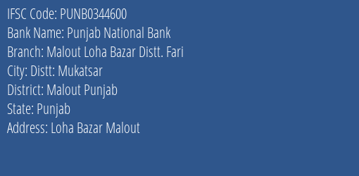 Punjab National Bank Malout Loha Bazar Distt. Fari Branch Malout Punjab IFSC Code PUNB0344600