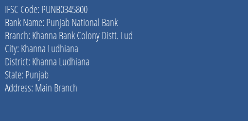 Punjab National Bank Khanna Bank Colony Distt. Lud Branch Khanna Ludhiana IFSC Code PUNB0345800