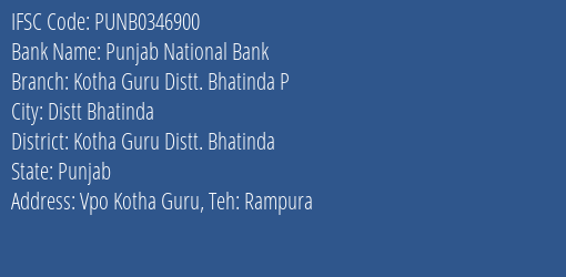 Punjab National Bank Kotha Guru Distt. Bhatinda P Branch Kotha Guru Distt. Bhatinda IFSC Code PUNB0346900