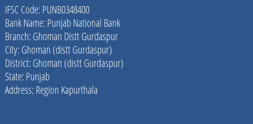 Punjab National Bank Ghoman Distt Gurdaspur Branch Ghoman Distt Gurdaspur IFSC Code PUNB0348400