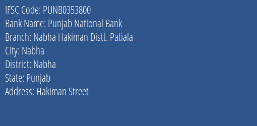 Punjab National Bank Nabha Hakiman Distt. Patiala Branch Nabha IFSC Code PUNB0353800