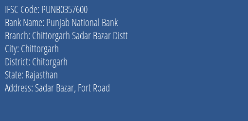 Punjab National Bank Chittorgarh Sadar Bazar Distt Branch Chitorgarh IFSC Code PUNB0357600