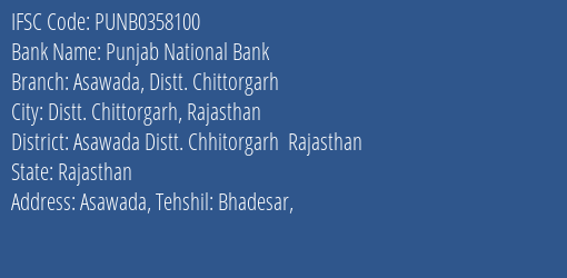 Punjab National Bank Asawada Distt. Chittorgarh Branch Asawada Distt. Chhitorgarh Rajasthan IFSC Code PUNB0358100