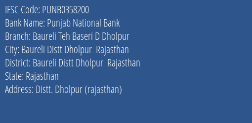 Punjab National Bank Baureli Teh Baseri D Dholpur Branch Baureli Distt Dholpur Rajasthan IFSC Code PUNB0358200