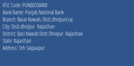 Punjab National Bank Basai Nawab Distt.dholpur Raj Branch Basi Nawab Distt Dholpur Rajasthan IFSC Code PUNB0358400