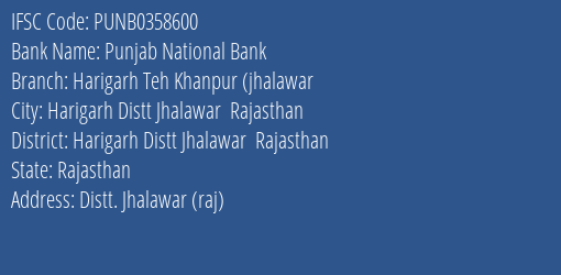 Punjab National Bank Harigarh Teh Khanpur Jhalawar Branch Harigarh Distt Jhalawar Rajasthan IFSC Code PUNB0358600