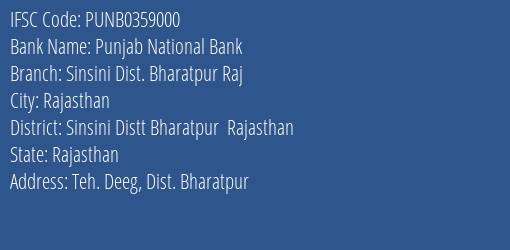 Punjab National Bank Sinsini Dist. Bharatpur Raj Branch Sinsini Distt Bharatpur Rajasthan IFSC Code PUNB0359000