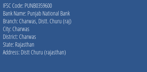 Punjab National Bank Charwas Distt. Churu Raj Branch Charwas IFSC Code PUNB0359600