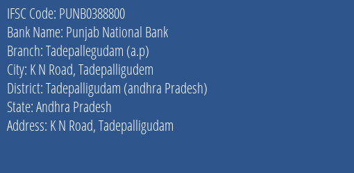 Punjab National Bank Tadepallegudam A.p Branch Tadepalligudam Andhra Pradesh IFSC Code PUNB0388800