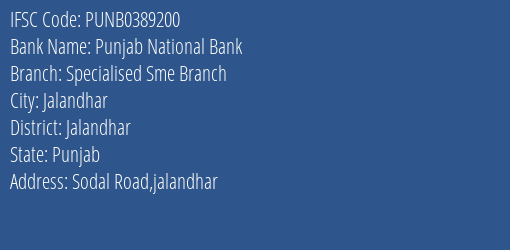 Punjab National Bank Specialised Sme Branch Branch Jalandhar IFSC Code PUNB0389200