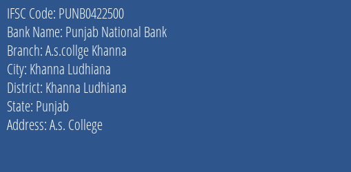Punjab National Bank A.s.collge Khanna Branch Khanna Ludhiana IFSC Code PUNB0422500