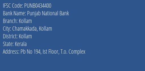 Punjab National Bank Kollam Branch Kollam IFSC Code PUNB0434400