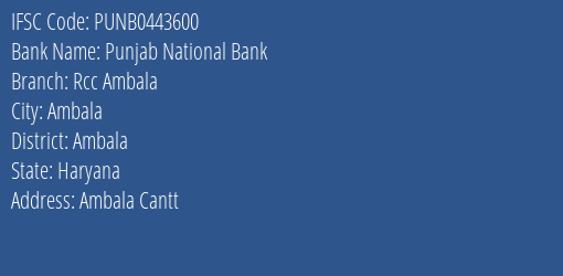 Punjab National Bank Rcc Ambala Branch Ambala IFSC Code PUNB0443600